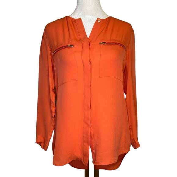 Theory coral three-quarter sleeve button down silk blouse size P - Picture 1 of 13